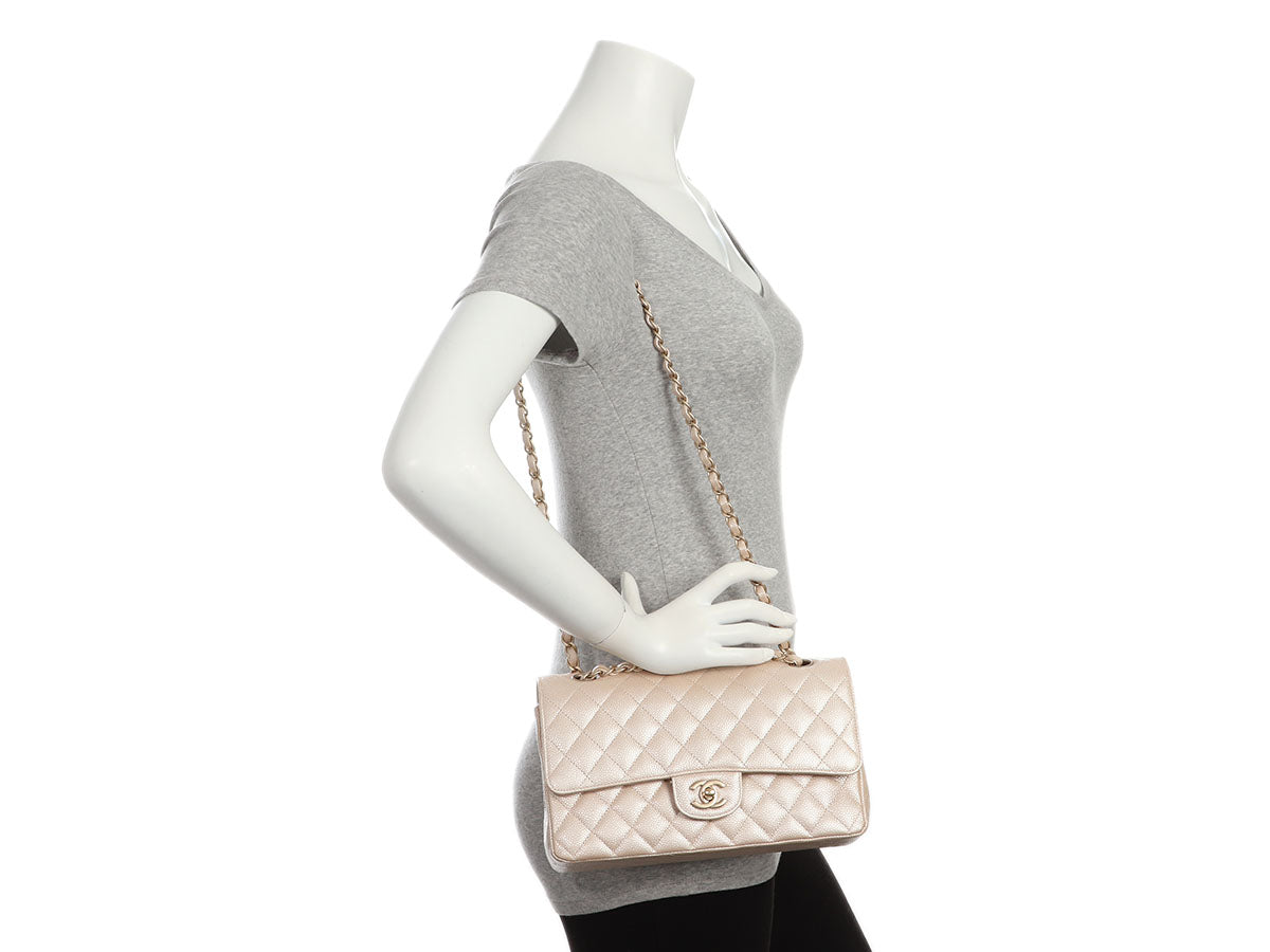 Chanel Medium/Large Pearly Beige Quilted Caviar Classic Double Flap by Ann's Fabulous Finds