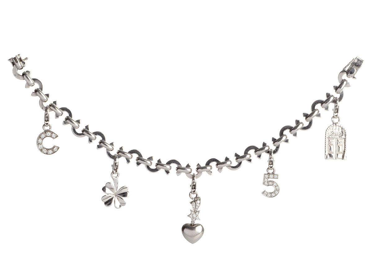Chanel 18K White Gold Diamond Logo Charm Bracelet