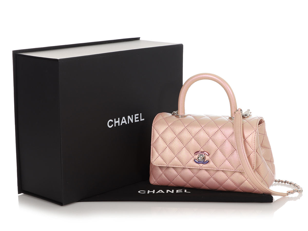 Handbags Chanel Mini Coco Handle Iridescent Light Pink Caviar Silver Chain