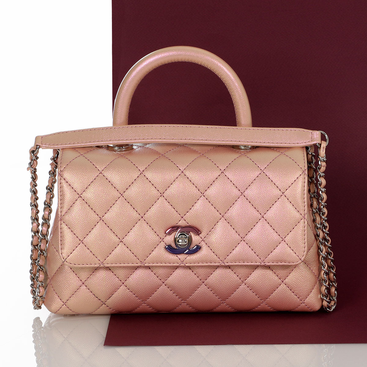 CHANEL Iridescent Caviar Quilted Extra Mini Coco Handle Flap White 660589