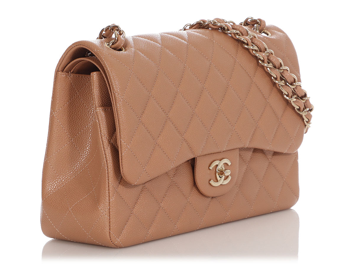 Chanel Beige Quilted Caviar Leather Classic Jumbo Double Flap Bag Chanel
