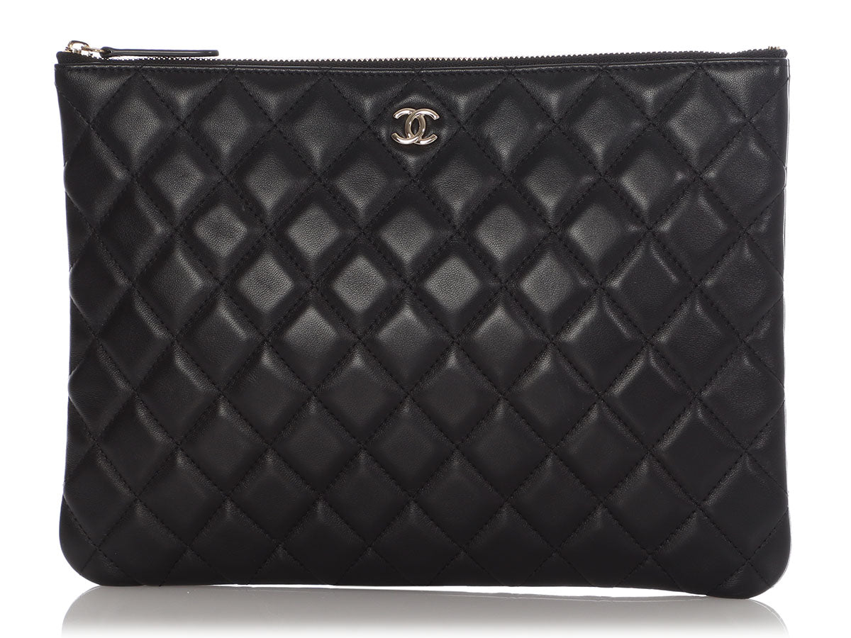 Chanel REV Black Caviar Silver Classic Quilted CC Zipper Pouch O Case  Medium Bag