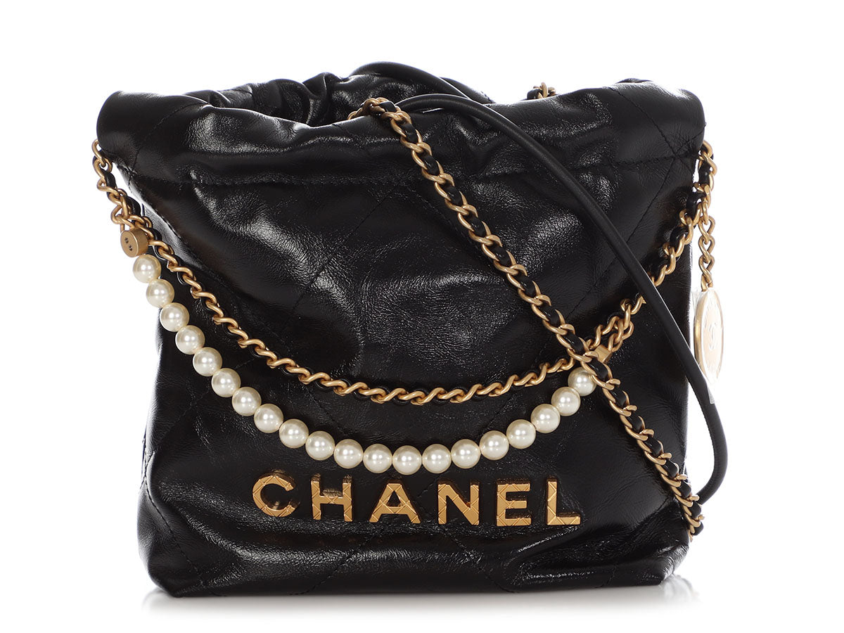 Chanel Mini 22 Black Quilted Glazed Calfskin Hobo with Pearl Strap by Ann's Fabulous Finds