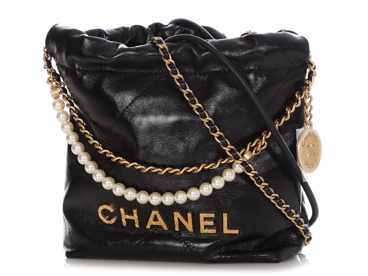 Chanel Mini 22 Black Quilted Glazed Calfskin Hobo with Pearl Strap by Ann's Fabulous Finds