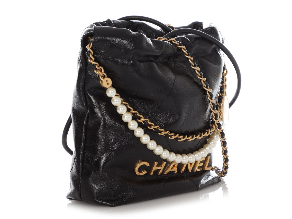 Chanel Mini Black Quilted Glazed Calfskin Hobo With Pearl Strap