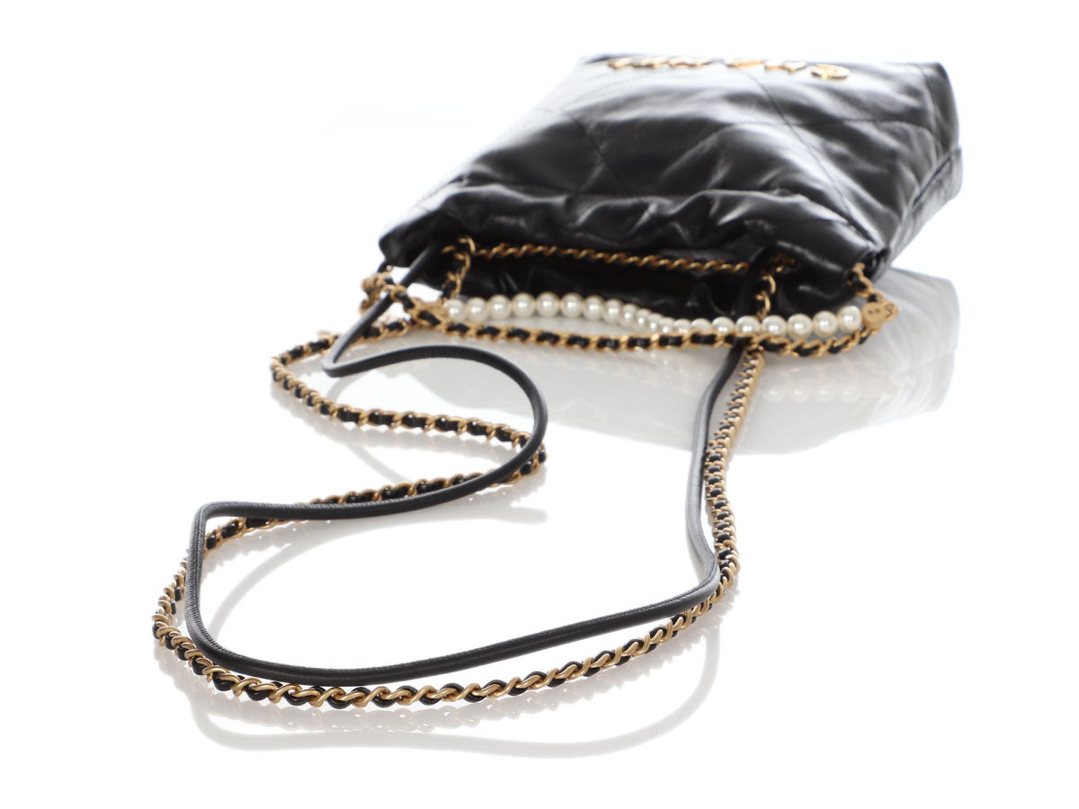 Chanel Mini 22 Black Quilted Glazed Calfskin Hobo with Pearl Strap by Ann's Fabulous Finds