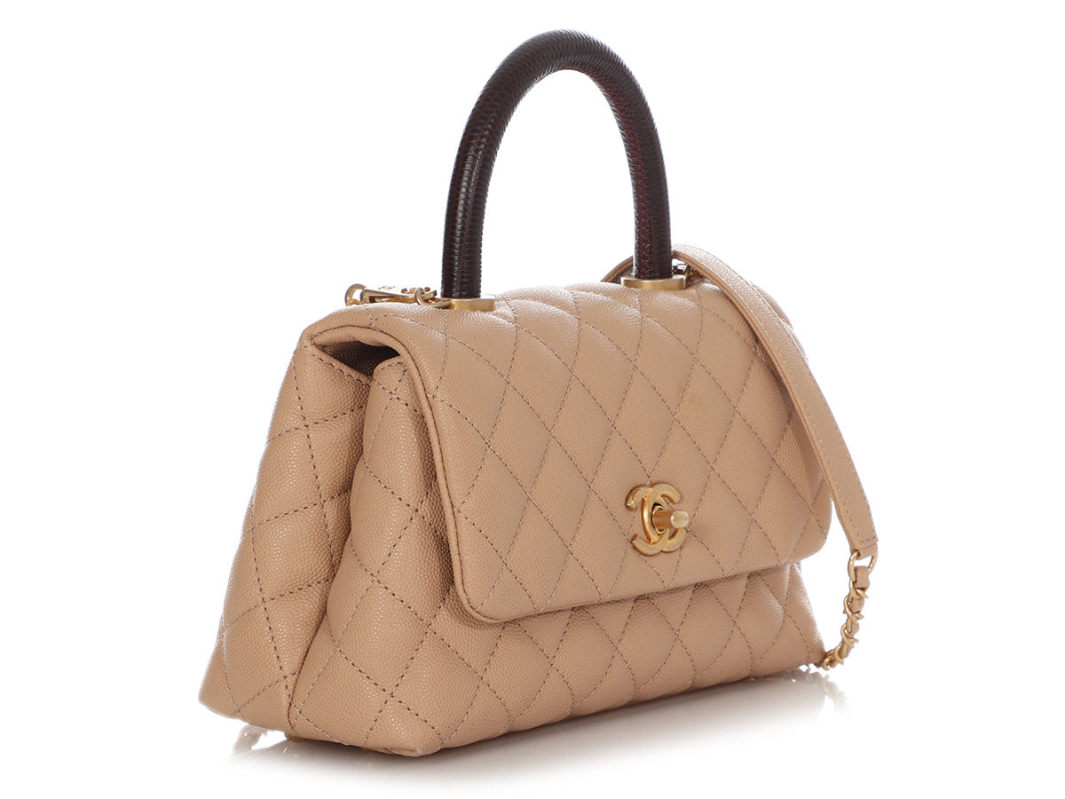 Chanel Beige Quilted Caviar & Burgundy Lizard Large Coco Handle Flap Bag