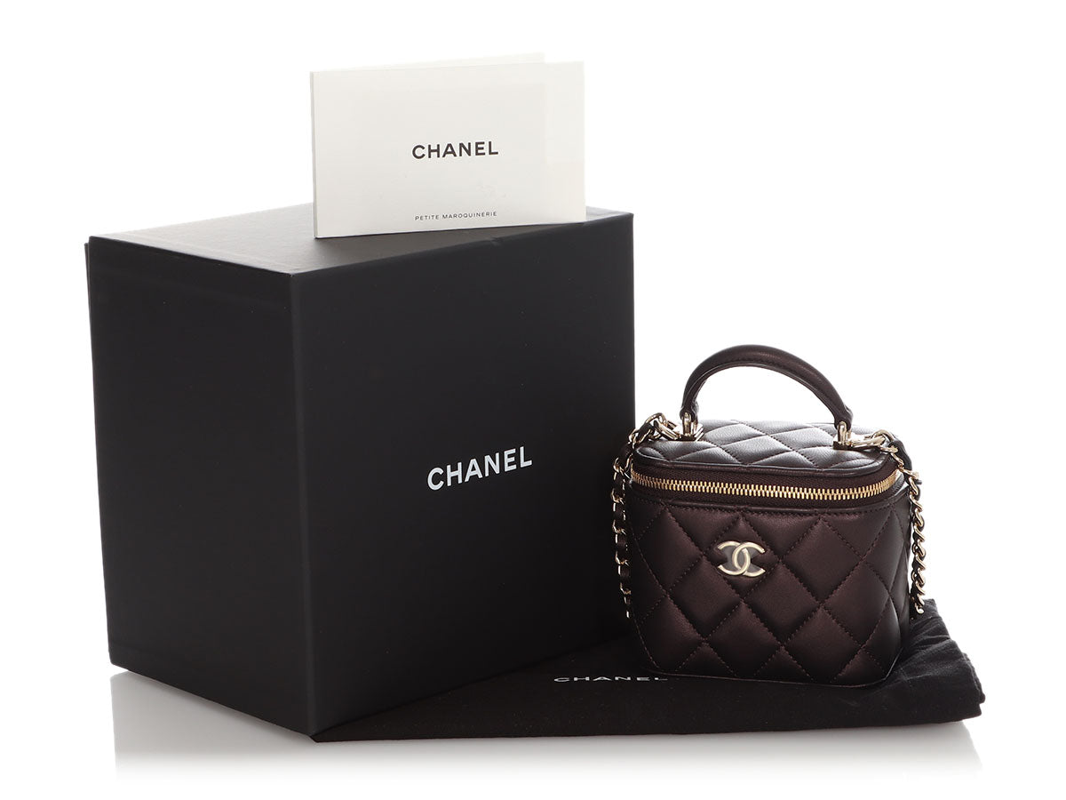 Chanel Mini Dark Brown Quilted Lambskin Top Handle Vanity Case