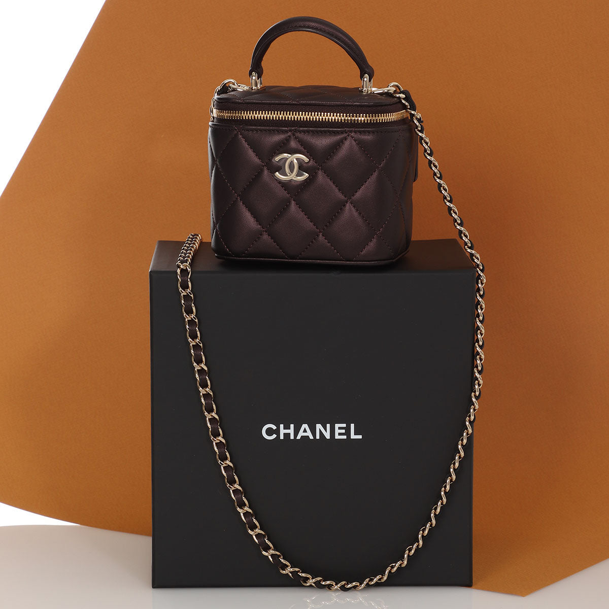 Chanel Mini Dark Brown Quilted Lambskin Top Handle Vanity Case with Chain by Ann's Fabulous Finds