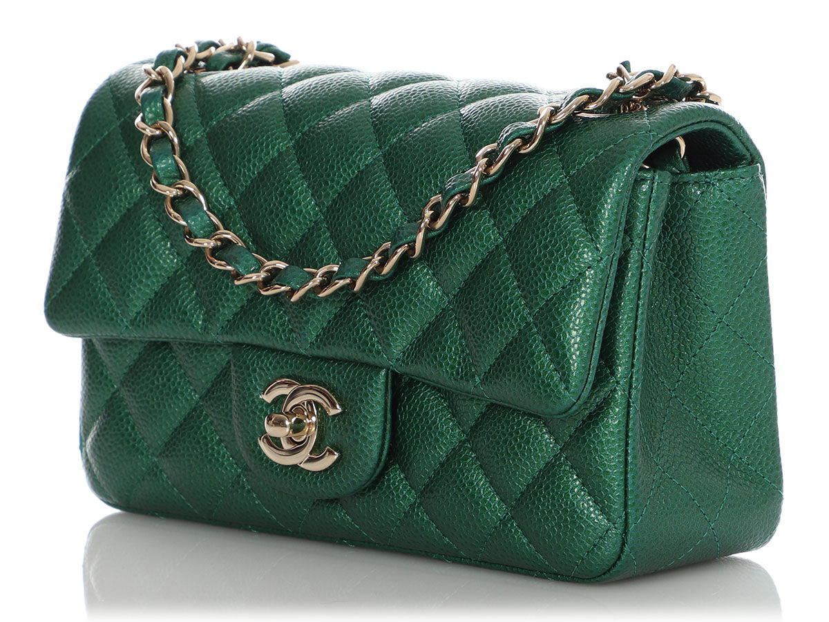 Chanel Green Striated Quilted Patent Leather Classic Medium Double