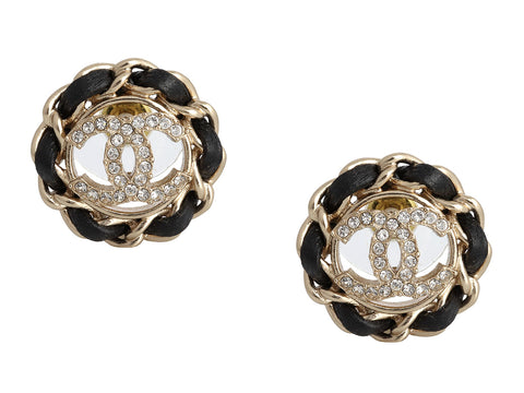 Chanel Black Round Black Crystal Silver CC Drop Earrings