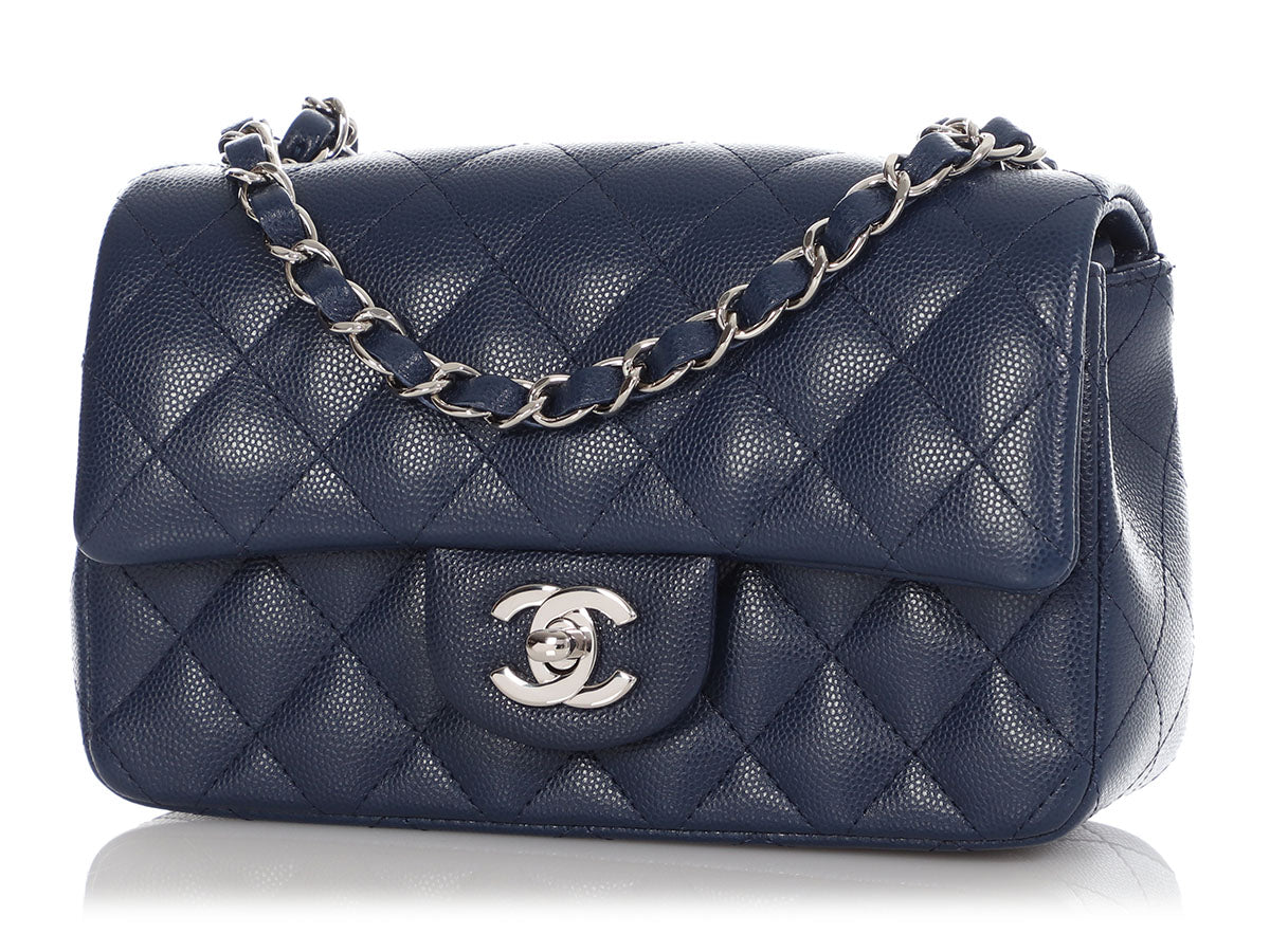 Chanel Mini Rectangular Flap Chevron Leather Crossbody Bag Navy Blue