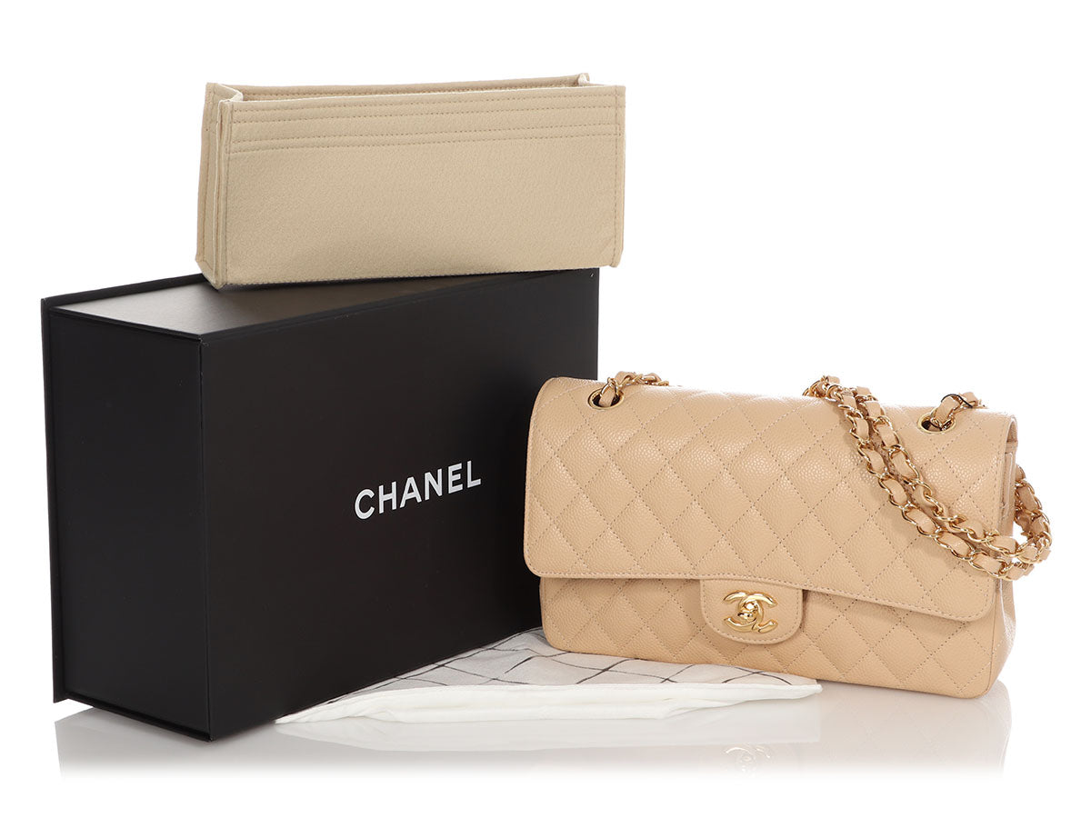 Chanel Classic Double Flap Quilted Caviar Gold-tone Medium Beige Clair