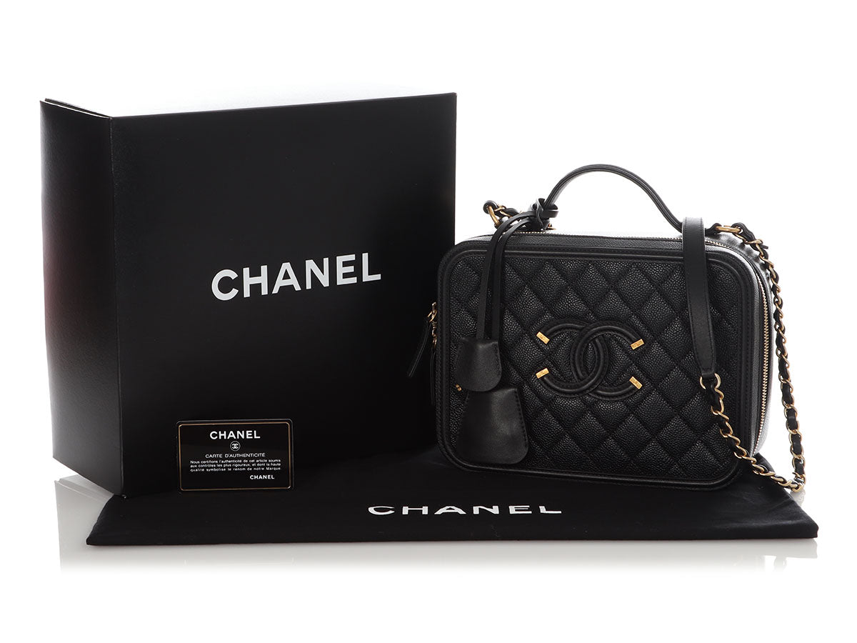 Chanel Large Black Part-Quilted Caviar Filigree Vanity Case