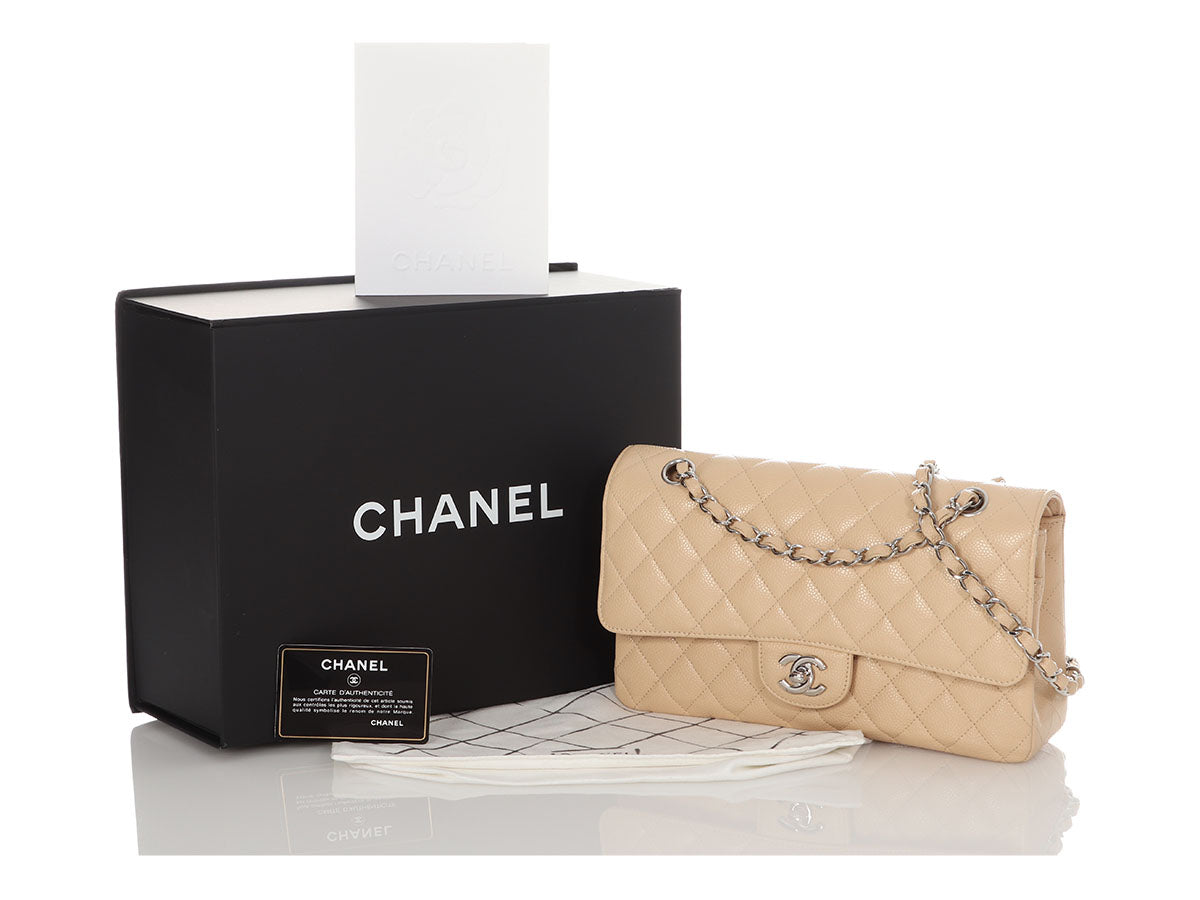Chanel Classic Medium Double Flap, Beige Claire Caviar Leather, Silver  Hardware, New in Box