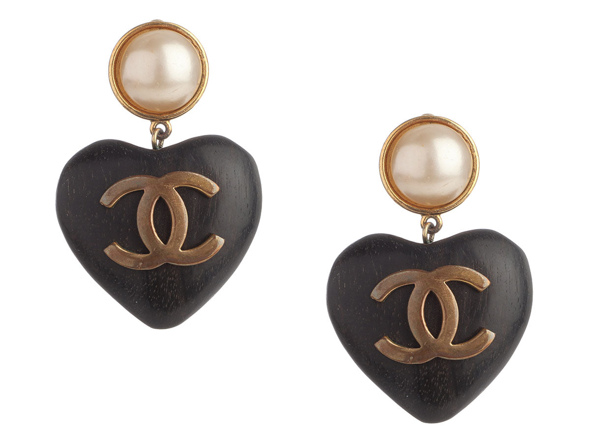 Chanel Vintage Black Wood and Faux Pearl Heart Clip-On Drop Earrings