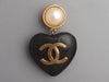 Chanel Vintage Black Wood and Faux Pearl Heart Clip-On Drop Earrings