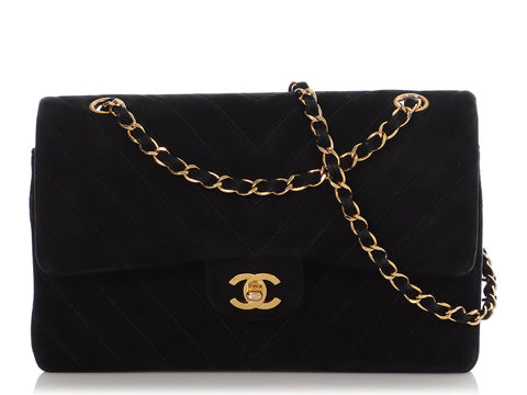 Chanel Medium/Large Black Chevron-Quilted Suede Classic Double Flap
