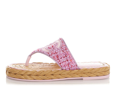 Chanel Pink Tweed and Jute Thong Sandals