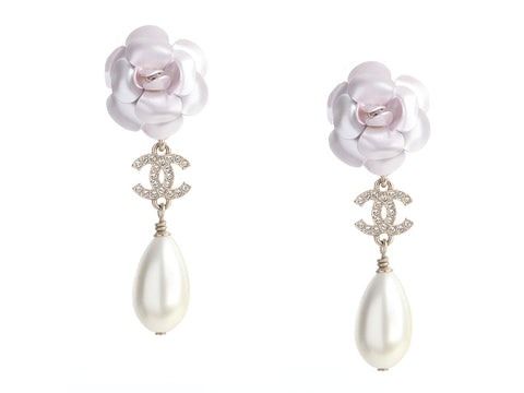 Chanel Large Pearl and Crystal Camellia Pierced Drop Earrings