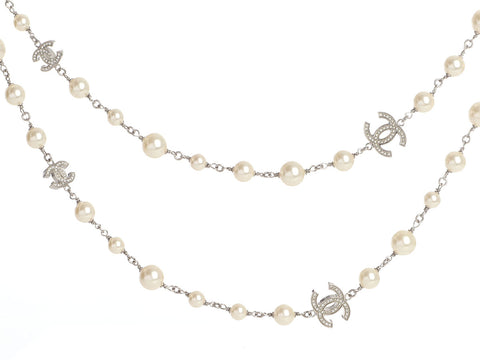 Chanel Long Pearl and Crystal Logo Necklace