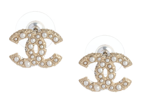 Chanel Pearl and Crystal Logo Pierced Earrings