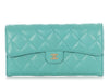 Chanel Large Teal Quilted Lambskin Gusset Wallet