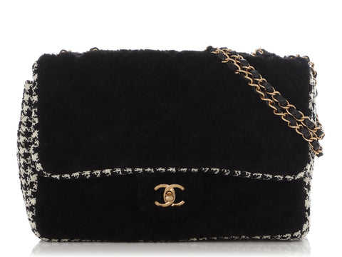 Chanel Jumbo Black Shearling and Houndstooth Single Flap