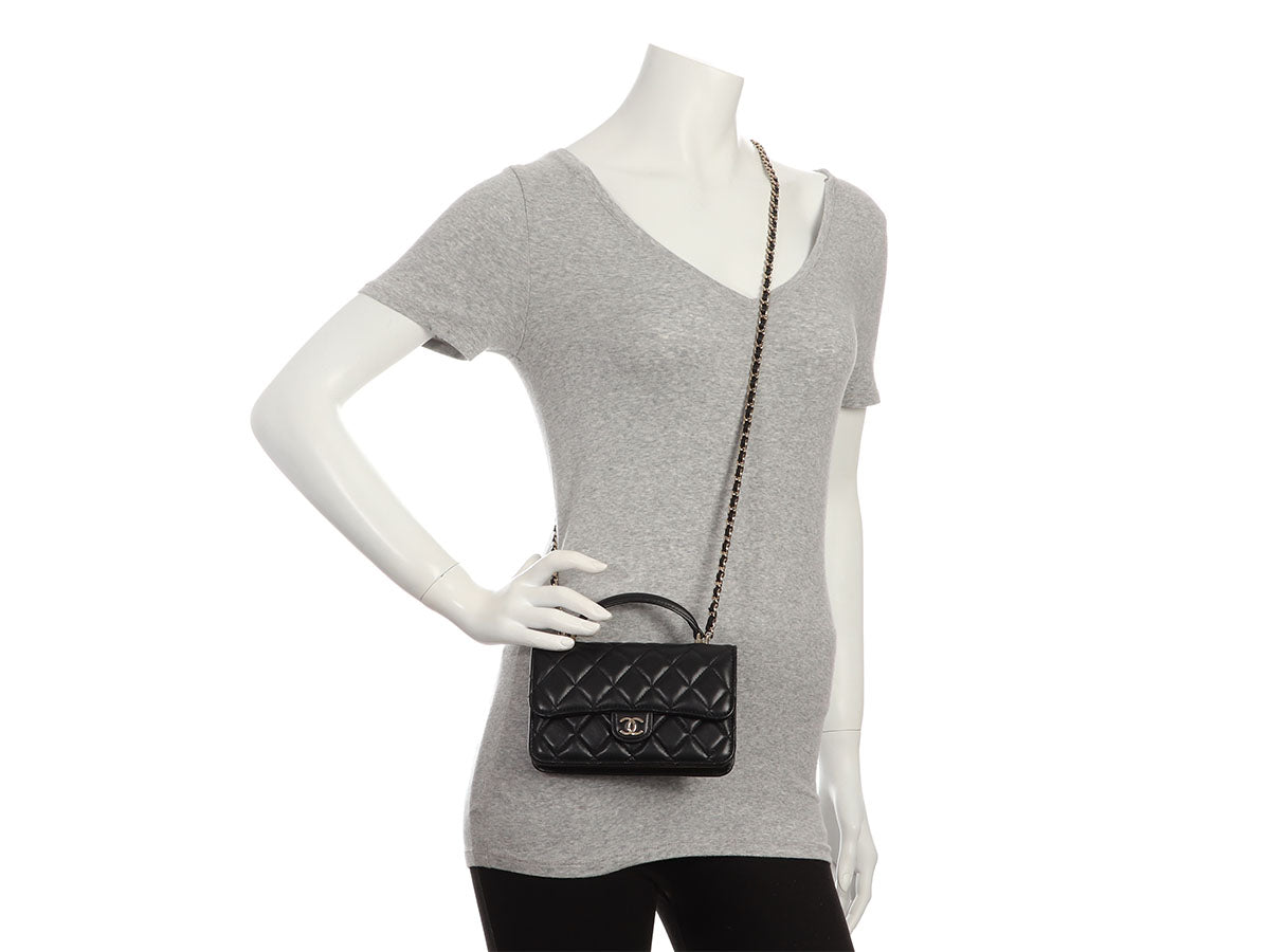 chanel mini phone holder backpack Chanel Mini Black Quilted Lambskin Top Handle Phone Holder