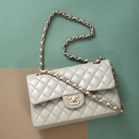 Chanel Small Light Gray Quilted Lambskin Double Flap Classic