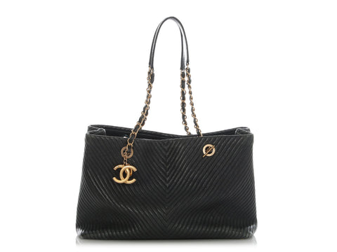 Chanel Black Aged Calfskin Chevron-Quilted Tote
