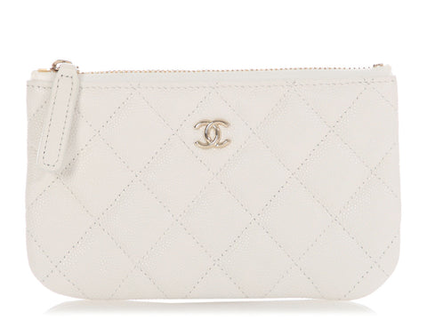 Chanel Small White Quilted Caviar Zipped Case