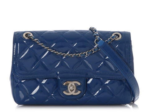 Chanel Small Blue Quilted Patent Coco Shine Flap