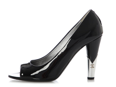 Chanel Black Patent Peep-Toe Pumps