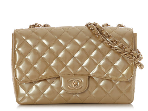 Chanel Jumbo Gold Quilted Patent Classic Single Flap