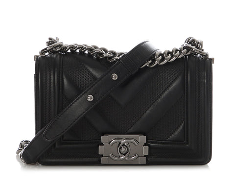 Chanel Small Black Chevron-Quilted Calfskin Boy Bag