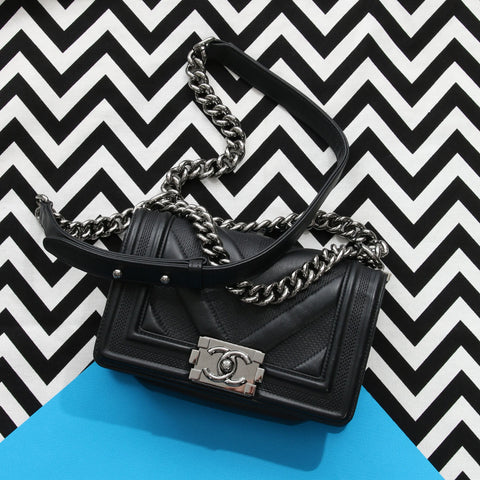Chanel Small Black Chevron-Quilted Calfskin Boy Bag