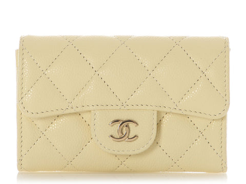 Chanel Light Yellow Quilted Caviar Card Holder