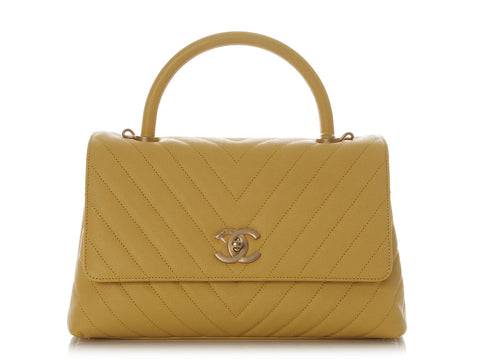 Chanel Large Yellow Chevron-Quilted Caviar Top Handle Bag