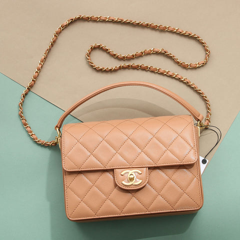 Chanel Medium Beige Quilted Caviar Top Handle Flap