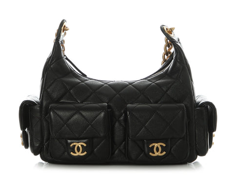 Chanel Small Black Quilted Shiny Lambskin Trendy Pockets Hobo
