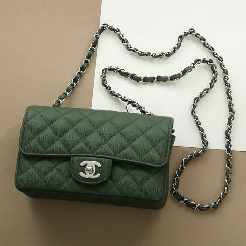 Chanel Mini Dark Green Quilted Caviar Classic