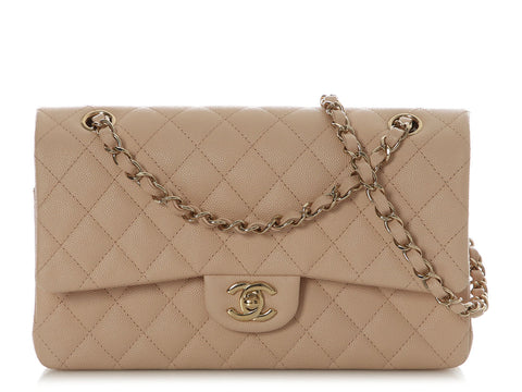 Classic Medium/Large Beige Quilted Caviar Classic Double Flap