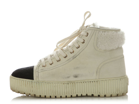 Chanel White Kid Suede and Shearling Lace-Up Boots