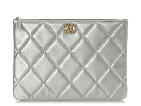 Chanel Large Metallic Silver Quilted Lambskin O Case