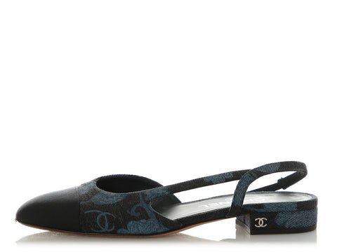 Chanel Blue Floral Denim Slingbacks