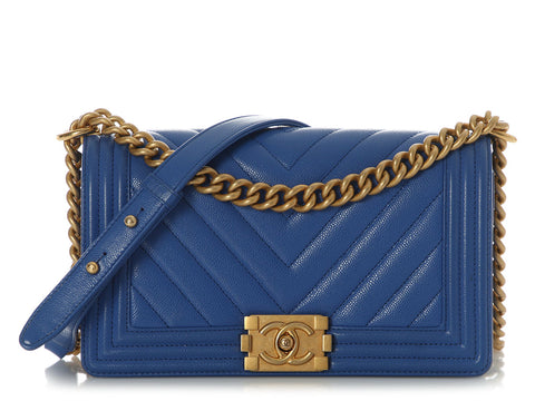 Chanel Old Medium Cobalt Blue Chevron-Quilted Caviar Boy Bag