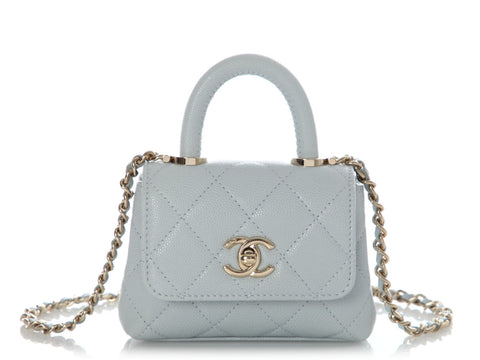 Chanel Nano Light Blue Quilted Caviar Coco Handle Clutch with Chain