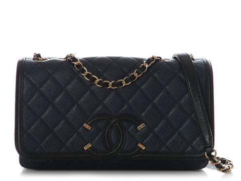 Chanel Medium Navy and Black Quilted Caviar CC Filigree Flap