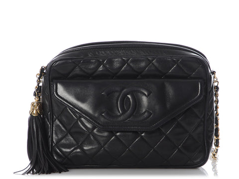 Chanel Vintage Black Quilted Lambskin Tassel Camera Bag